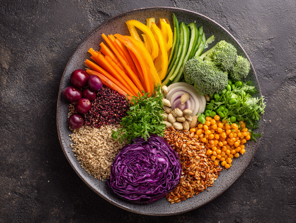 Masa colorată cu fructe și legume proaspete